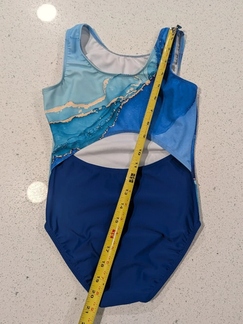 Destira Gymnastics Dance Leotard CL Large MARBLING Marble Blue Gold Open Back